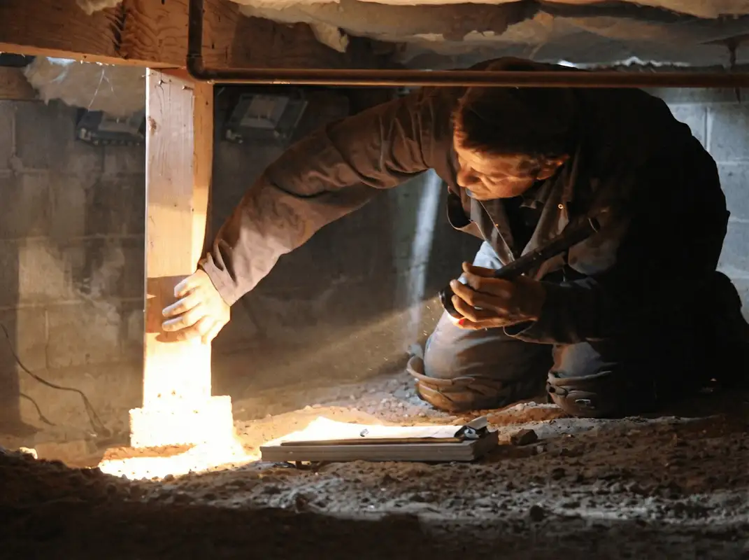 A professional inspecting wooden beams under the floor of a structure in Riverside, CA